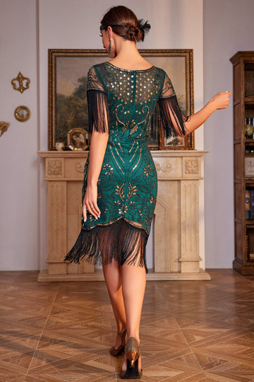 Sparkly Dark Green Cap Ermer Paljetter Fringed 1920-tallet kjole med tilbehør sett